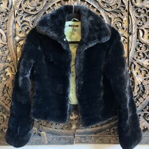 Sisley Size 38 Black Coat Faux Fur Short Jacket Made In Ukraine Classic Classy